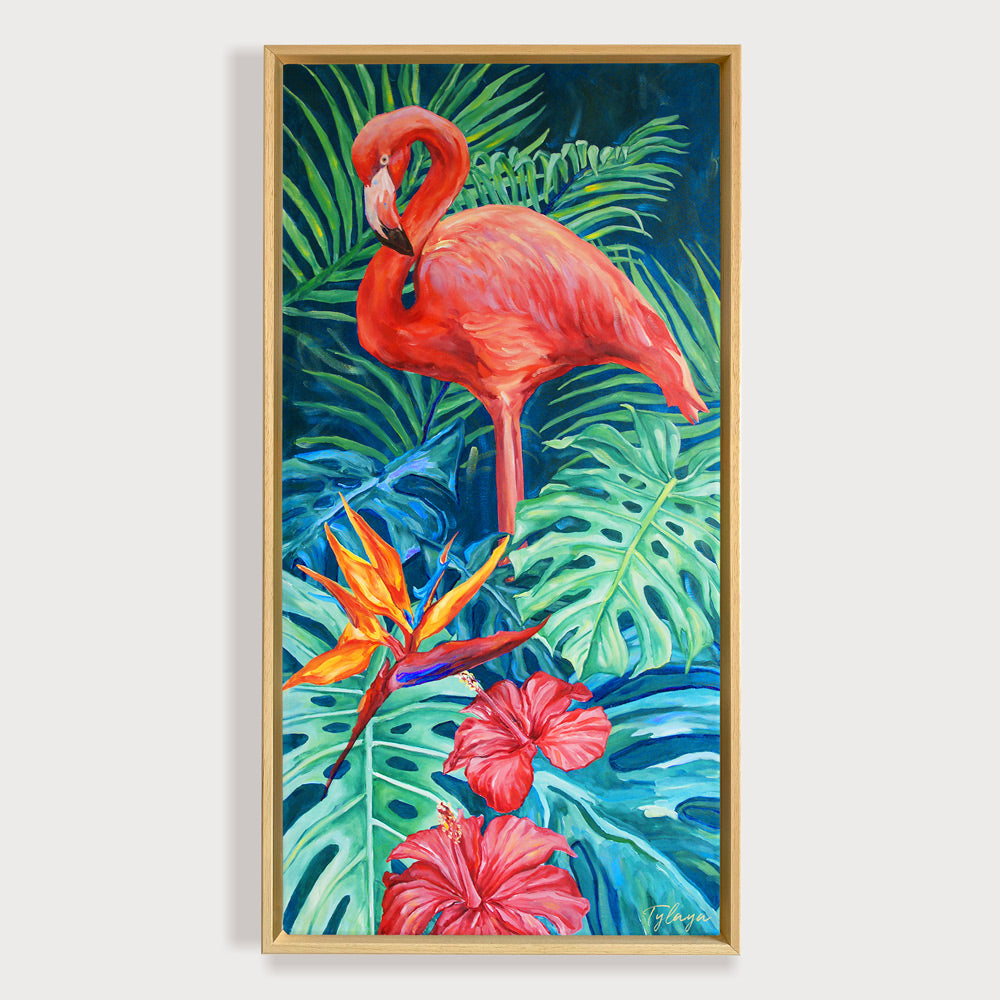 Peinture Flamant rose et végétal Tableau tropical