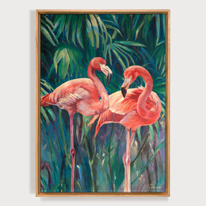 Peinture flamant rose sur un tableau jungle et nature de motifs tropical pour poster.