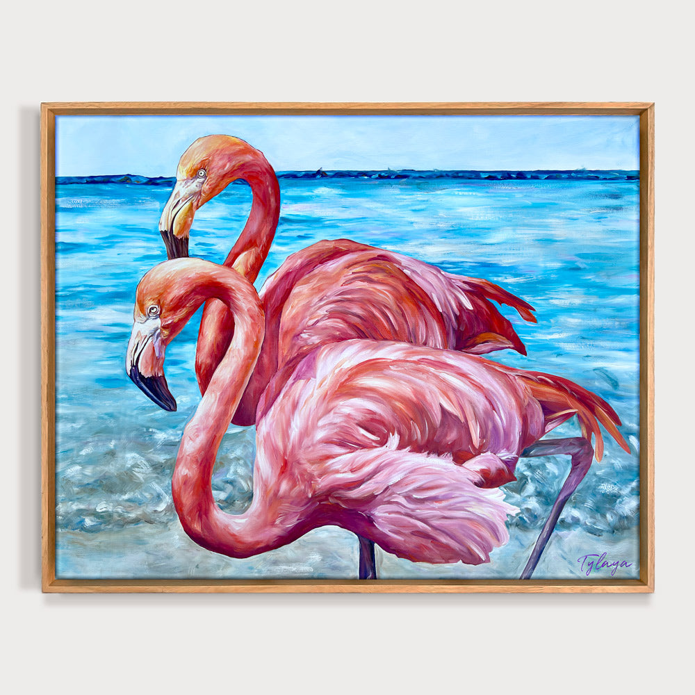 Peinture flamants roses tableau d’oiseaux exotiques, deux flamants roses sur la plage, pour une déco murale à l’ambiance paradisiaque et jungalow.