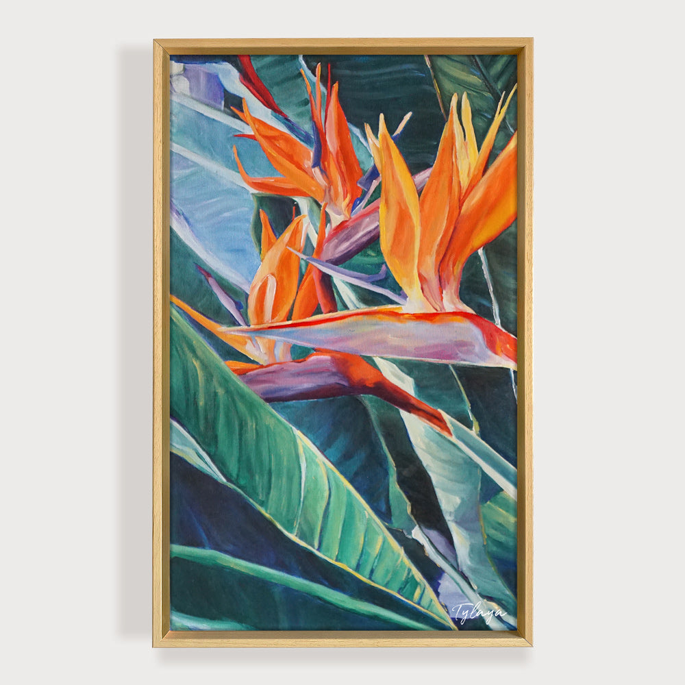 Peinture nature avec fleurs tropicales multicolores oiseau de paradis sur tableau toile.