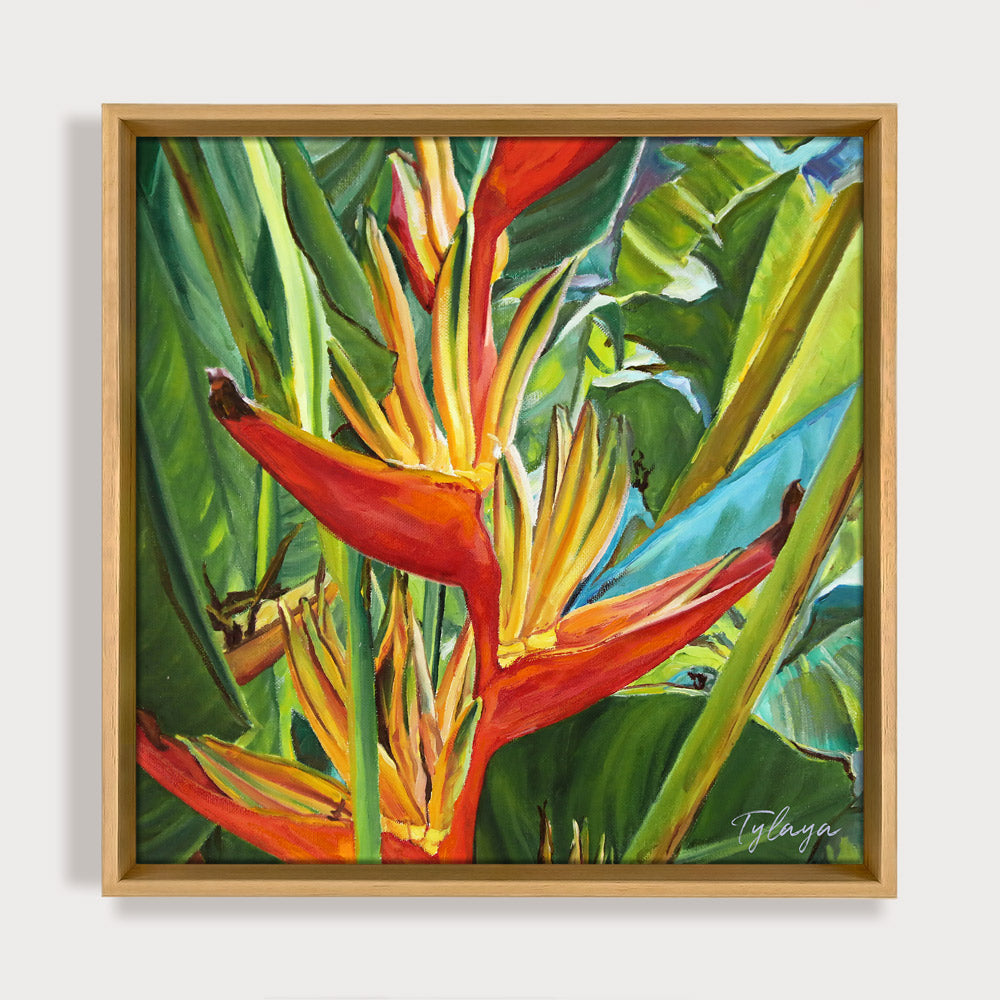 Peinture à l'huile botanique fleur heliconia tropical coloré dans la jungle encadrée d'une caisse américaine en bois.