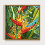Charger l&#39;image dans la galerie, Peinture à l&#39;huile botanique fleur heliconia tropical coloré dans la jungle encadrée d&#39;une caisse américaine en bois.
