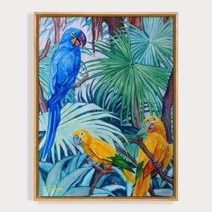 Peinture perroquets et feuilles de palmiers