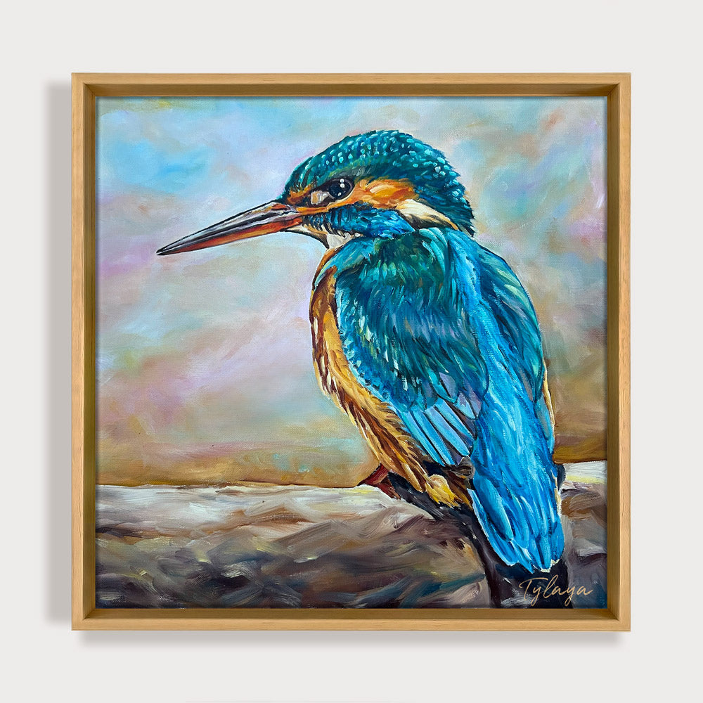 Peinture à l'huile d'un martin pêcheur et tableau sur toile d'un oiseau sauvage bleu sur une branche au couleurs pastel pour deco bohème et nature