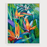 Charger l&#39;image dans la galerie, Tableau tropical oiseau de paradis Strelitzia reginae pour déco murale nature bohème, éclectique et intérieur contemporain moderne ou bord de mer.
