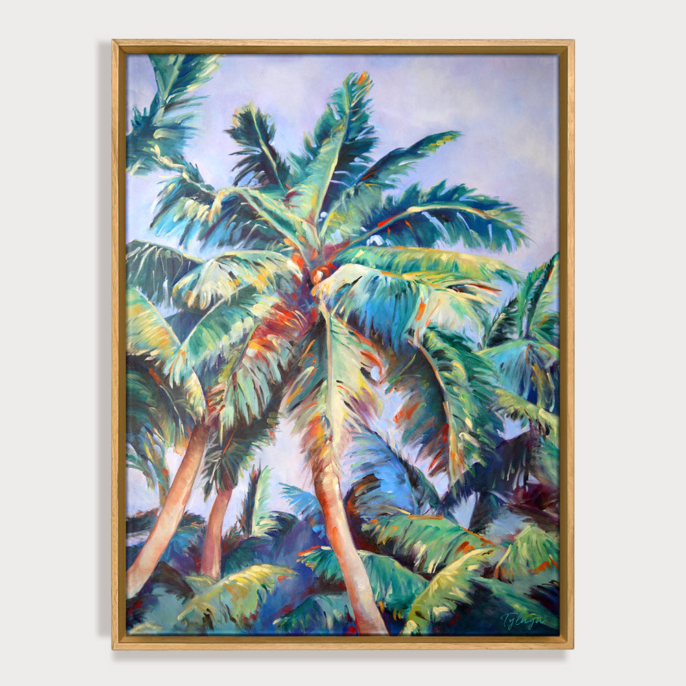 Peinture palmier tropical et nature d’un arbre tropical, feuilles de palmier géant, un tableau coloré pour une décoration jungle et moderne d’art mural moderne