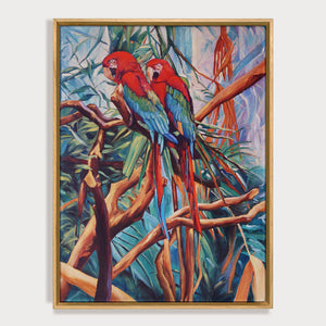 Peinture tropicale perroquets dans un tableau jungle et nature d’un paysage de palmiers aux feuilles multicolores pour une décoration exotique