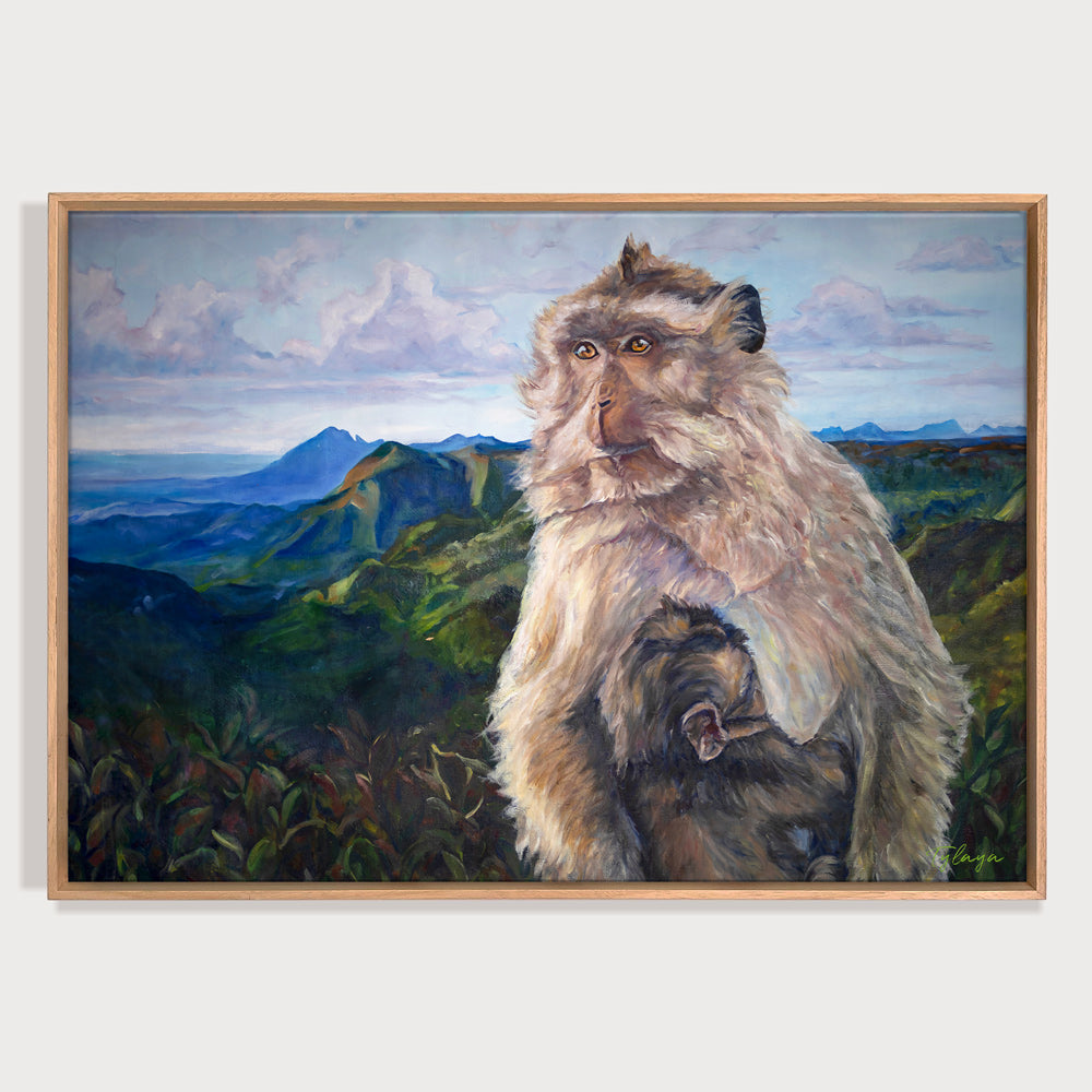 Peinture à l'huile singe de l'île maurice  paysage exotique et sauvage des Gorges de la Rivière noire représentant une maman et un bébé macaques devant les montagnes 