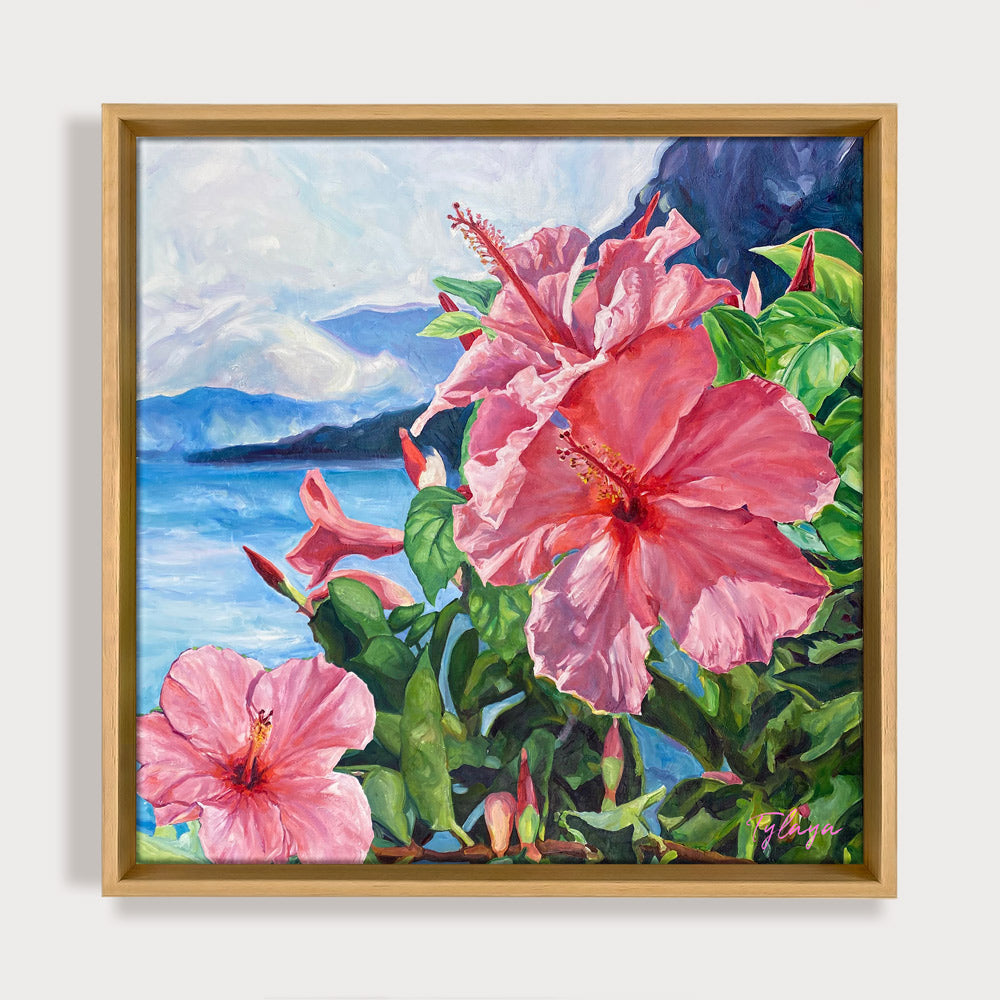 Peinture hibiscus roses devant l'ocean pour un tableau d'art hawaii une toile tropical de paysage fleurie.