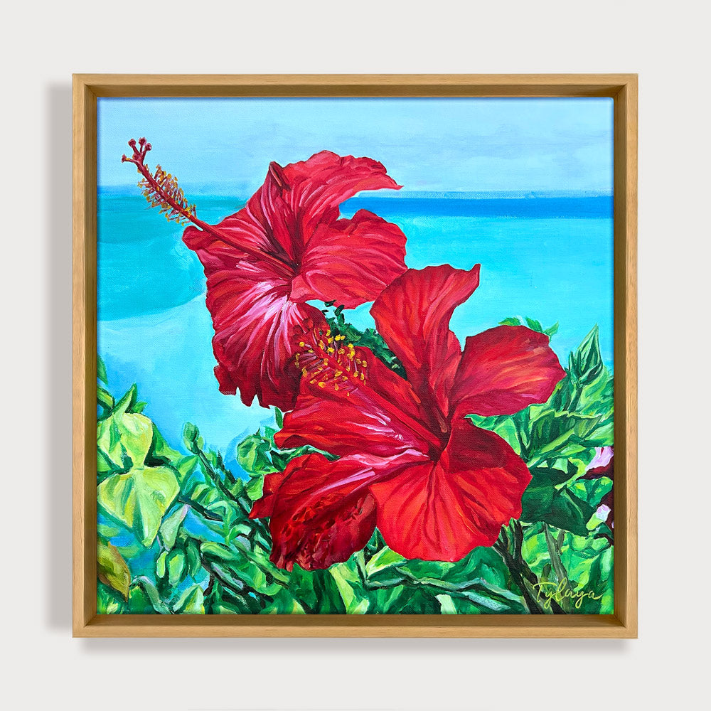 Peinture à l'huile fleurs tropicales hibiscus rouges encadrée d'une caisse americaine en bois.