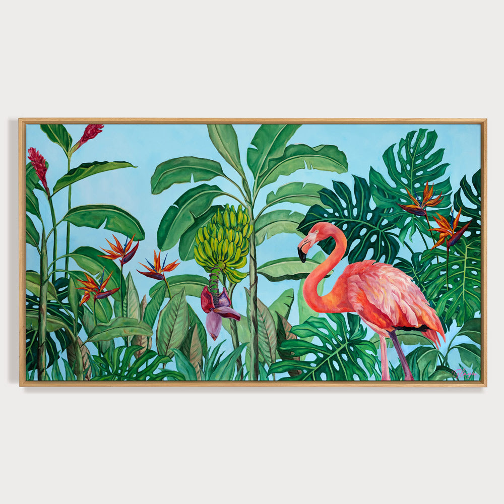 Peinture à l'huile flamant rose et fleurs tropicales jungle et nature d’une fresque d’oiseaux exotiques et sauvages des îles de l’océan indien aux motifs de feuilles multicolores pour une déco bohème, jungalow et moderne