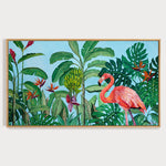 Charger l&#39;image dans la galerie, Peinture à l&#39;huile flamant rose et fleurs tropicales jungle et nature d’une fresque d’oiseaux exotiques et sauvages des îles de l’océan indien aux motifs de feuilles multicolores pour une déco bohème, jungalow et moderne
