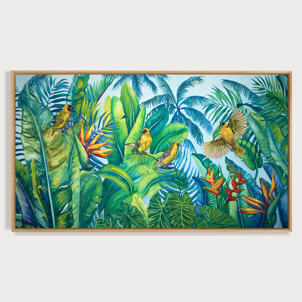 Peinture nature Tableau jungle et tropical d’une fresque d’oiseaux exotiques et sauvages des îles de l’océan indien (île Maurice).