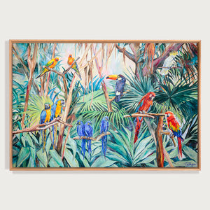 Peinture tropicale multicolore Tableau jungle perroquets et oiseaux