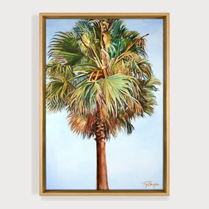 Peinture à l'huile tropicale palmier sur fond bleu pastel.