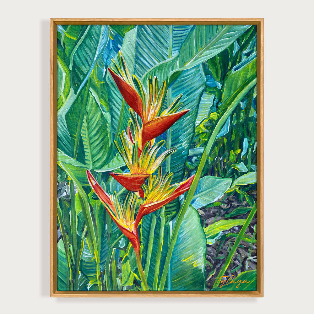 peintures exotiques de fleurs tropicales strelitzia et heliconia multicolore dans un jardin botanique dans une île des Caraïbes pour une deco motif tropicaux, ambiance nature et bohème