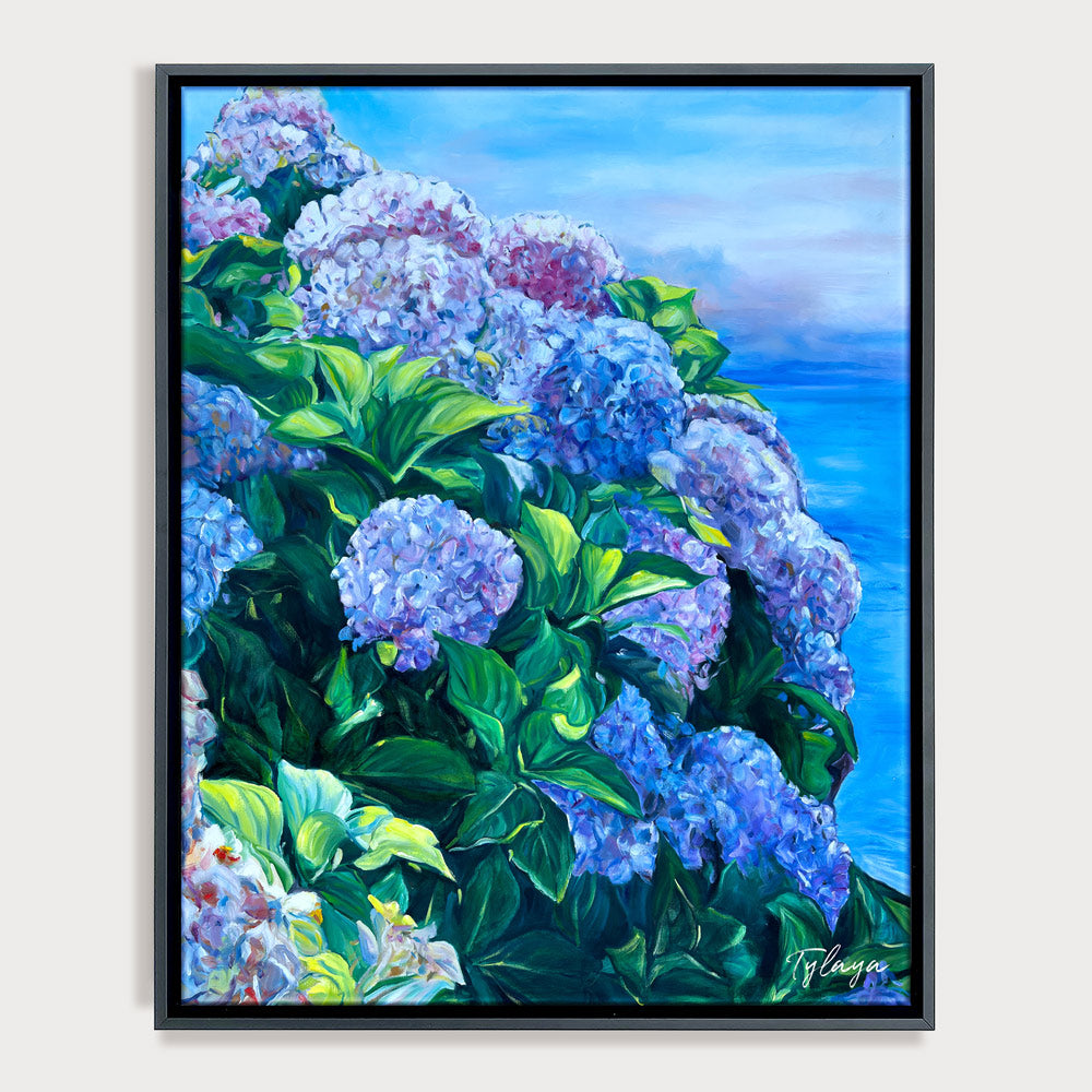 Tableau Peinture Fleurs bleues Hortensias face à l’océan