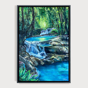 Peinture eau et cascade dans la nature d'un tableau coloré à l'huile sur toile pour une deco zen et une ambiance de forêt enchantée et magique.