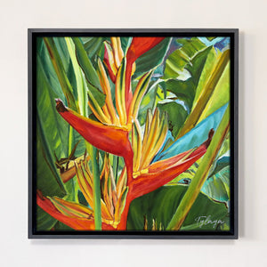Peinture à l'huile botanique fleur heliconia tropical coloré dans la jungle encadrée d'une caisse américaine noire.