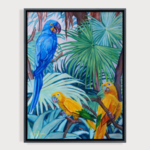 Peinture perroquets et feuilles de palmiers encadrée