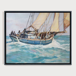 Peinture bateau sur toile de déco marine d’un voilier naviguant sur les vagues et dans les vents sur l’océan pour une déco intérieure bord de mer, côtière et moderne