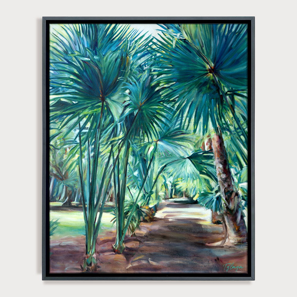 Les jardins de pamplemousse en peinture jungle à l'île maurice et tropicale de tableau de palmiers pour une décoration exotique et boheme