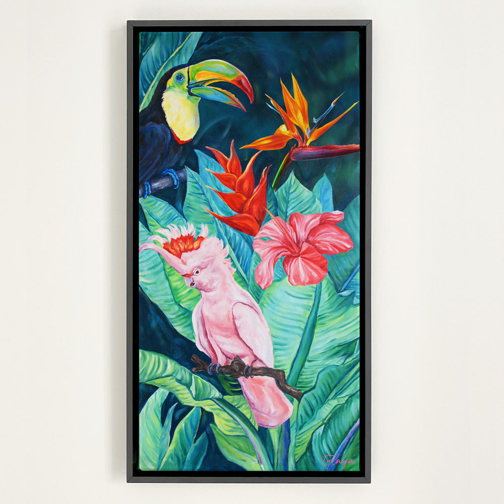 Peinture jungle tropicale toucans, fleurs exotiques hibiscus et perroquets, tableau nature.