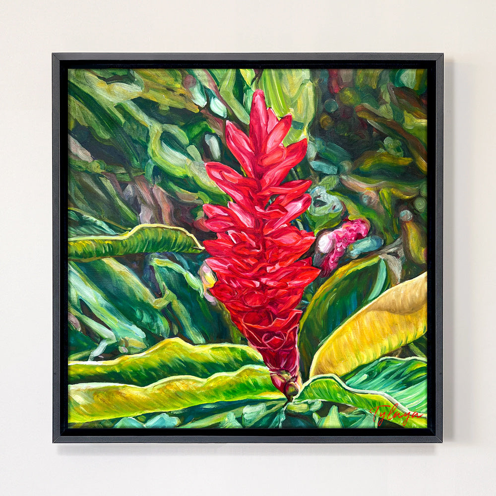 Tableau tropical, fleur de gingembre rouge unique, pour une déco murale exotique et une ambiance tropicale et moderne.
