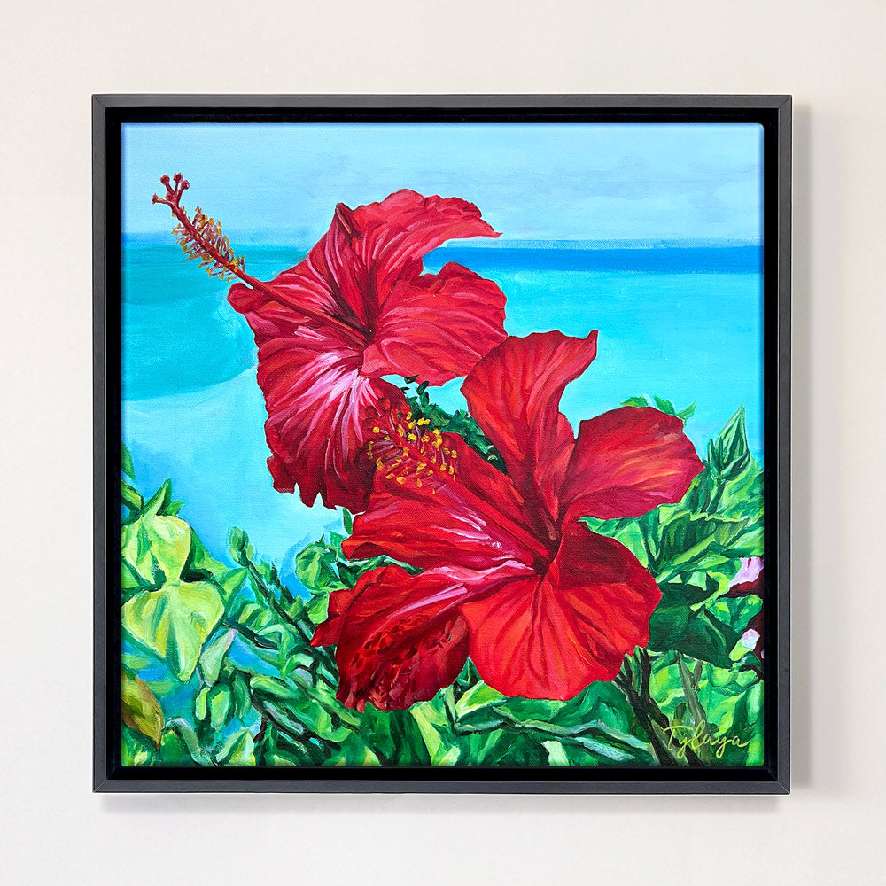 Peinture à l'huile fleurs tropicales hibiscus rouges encadrée d'une caisse americaine noir.