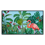 Charger l&#39;image dans la galerie, Peinture à l&#39;huile flamant rose et fleurs tropicales jungle et nature d’une fresque d’oiseaux exotiques et sauvages des îles.

