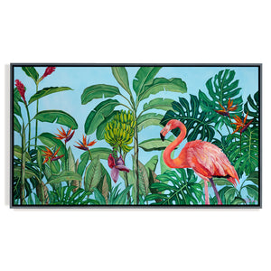 Peinture à l'huile flamant rose et fleurs tropicales jungle et nature d’une fresque d’oiseaux exotiques et sauvages des îles.