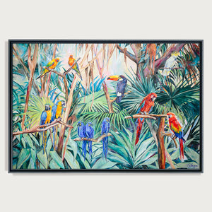 Peinture tropicale multicolore Tableau jungle perroquets et oiseaux