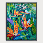 Charger l&#39;image dans la galerie, Tableau tropical oiseau de paradis Strelitzia reginae pour déco murale nature bohème, éclectique et intérieur contemporain moderne ou bord de mer.
