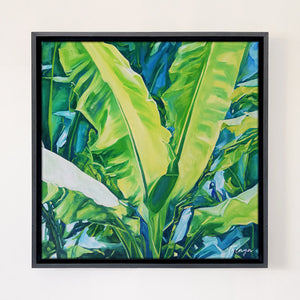 Peinture tropical et nature multicolore aux couleurs vertes d’un tableau décoratif et contemporain de plantes exotiques avec feuilles de bananier pour déco murale moderne et bohème