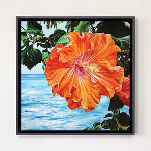 Peinture à l'huile tropicale hibiscus fleur orange.