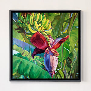 Peinture à l’huile bananier botanique sur tableau nature d’une fleur tropicale, une toile de plante herbacée colorée bohème pour déco murale exotique.