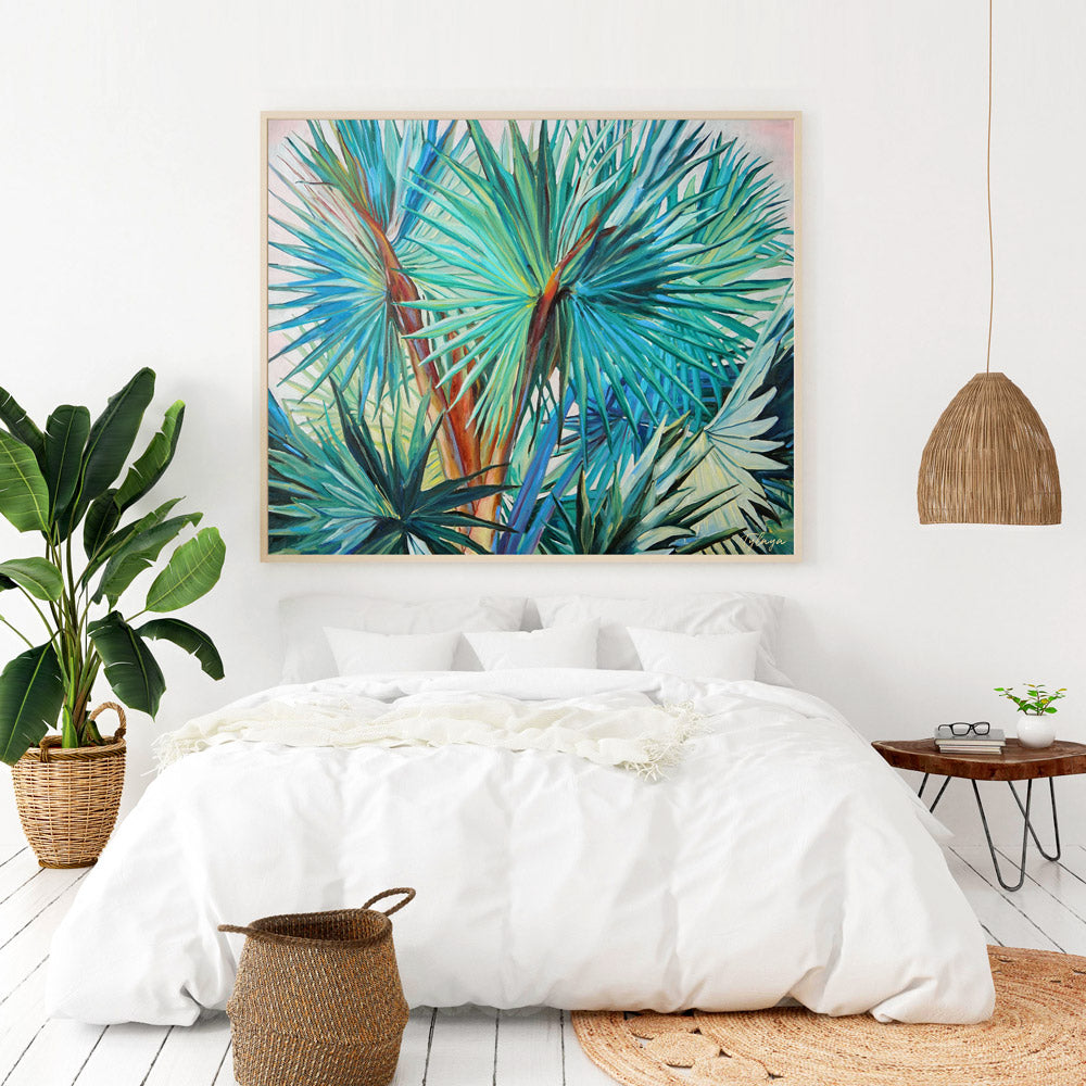 Tableau palmier et peinture nature  et nature de feuilles de palmier exotiques et sauvages des îles représentant la jungle avec la végétation des palmier palmiers aux feuilles multicolores pour une déco tropicale bohème, jungalow et moderne