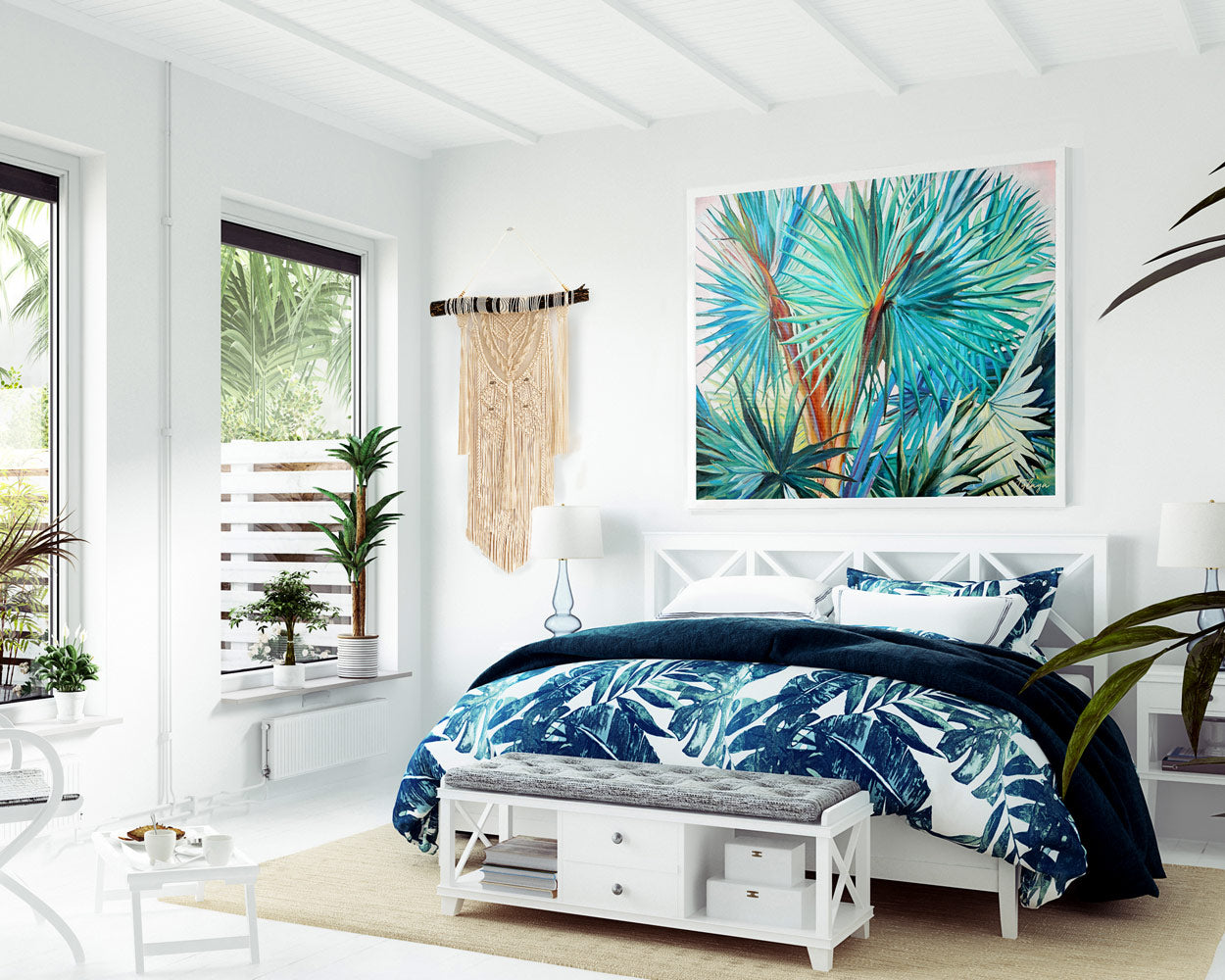 Tableau tropical et deco de feuilles de palmier exotiques art et peinture sauvages des îles représentant la jungle avec la végétation des palmier palmiers aux feuilles multicolores pour une déco tropicale bohème, jungalow et moderne