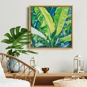 Peinture tropical et nature multicolore aux couleurs vertes d’un tableau décoratif et contemporain de plantes exotiques avec feuilles de bananier pour déco murale moderne et bohème