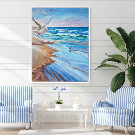 Peinture plage et mer tableau paysage mouettes sur l’océan