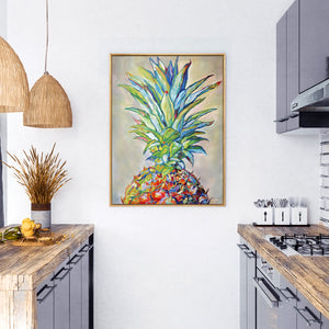 Tableau cuisine peinture tropicale art fruit de l’ananas en peinture multicolore aux couleurs vives et touches abstraites et moderne pour déco murale nature contemporaine