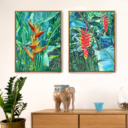Deux peintures exotiques de fleurs tropicales strelitzia et heliconia multicolore dans un jardin botanique dans une île des Caraïbes pour une deco motif tropicaux, ambiance nature et bohème  