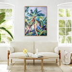Charger l&#39;image dans la galerie, Peinture palmier tropical et nature d’un arbre tropical, feuilles de palmier géant, un tableau coloré pour une décoration jungle et moderne d’art mural moderne
