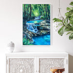 Charger l&#39;image dans la galerie, Deco zen avec peinture eau et cascade dans la nature d&#39;un tableau coloré à l&#39;huile sur toile pour une ambiance naturelle de forêt enchantée et magique.
