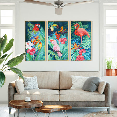 Peinture flamant rose  jungle tropicale, fleurs exotiques hibiscus, tableau nature.