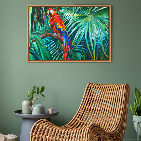 Tableau tropical Oiseaux exotiques Perroquet Ara Macao rouge