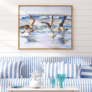 Peinture mouettes sur l’océan Tableau sur toile de déco murale nature d’oiseaux marins d’animaux aquatiques sur les vagues représentant des mouettes volant sur l’océan à la recherche de poissons, pour une ambiance intérieure bord de mer, côtière et moderne