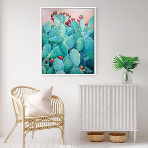 Peinture cactus plante avec fleurs et fruits rouges de figuier de barabarie tropical et nature pour déco murale nature et intérieur moderne et exotique.