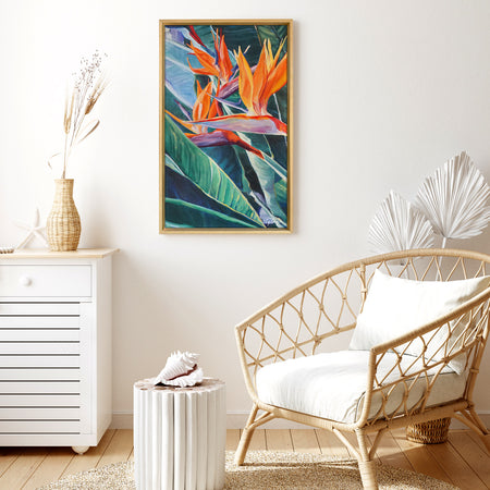 Peinture nature avec fleurs tropicales multicolores oiseau de paradis sur tableau toile.