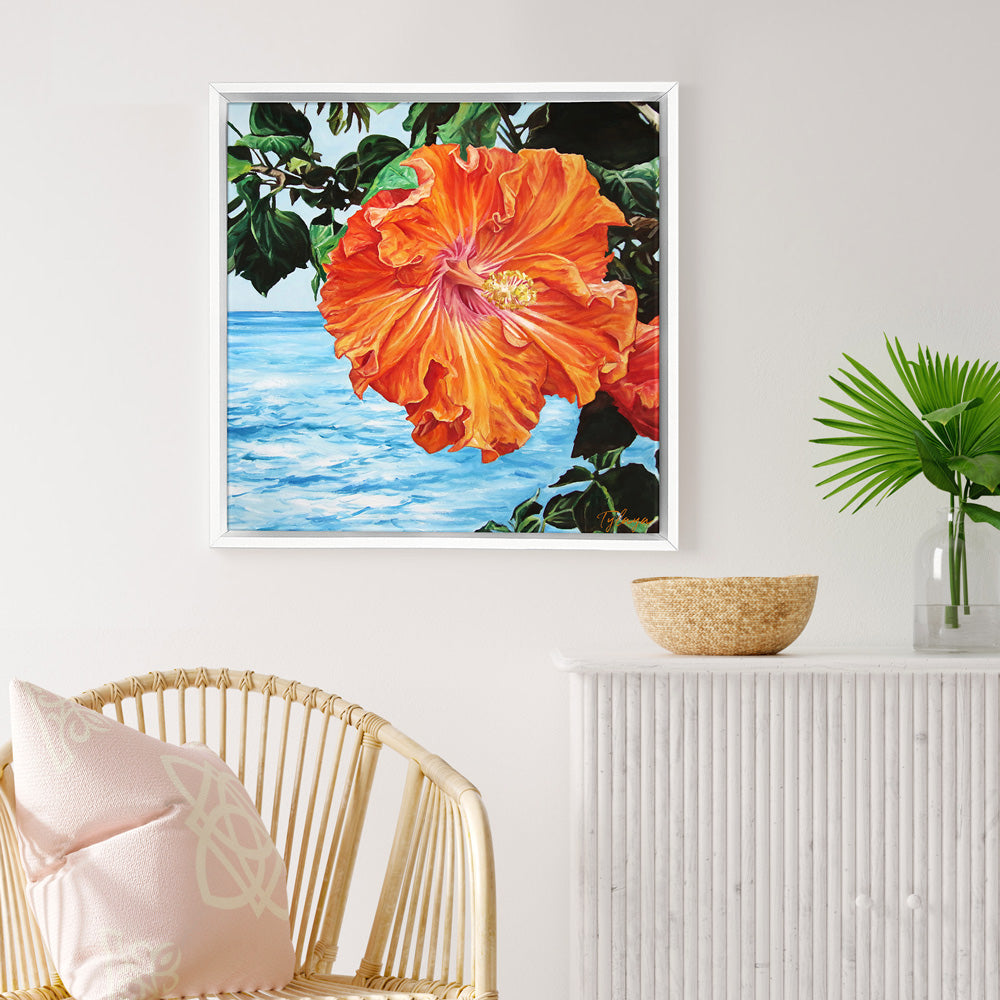 Peinture à l'huile hibiscus fleur orange pour decoration naturelle et tropicale.